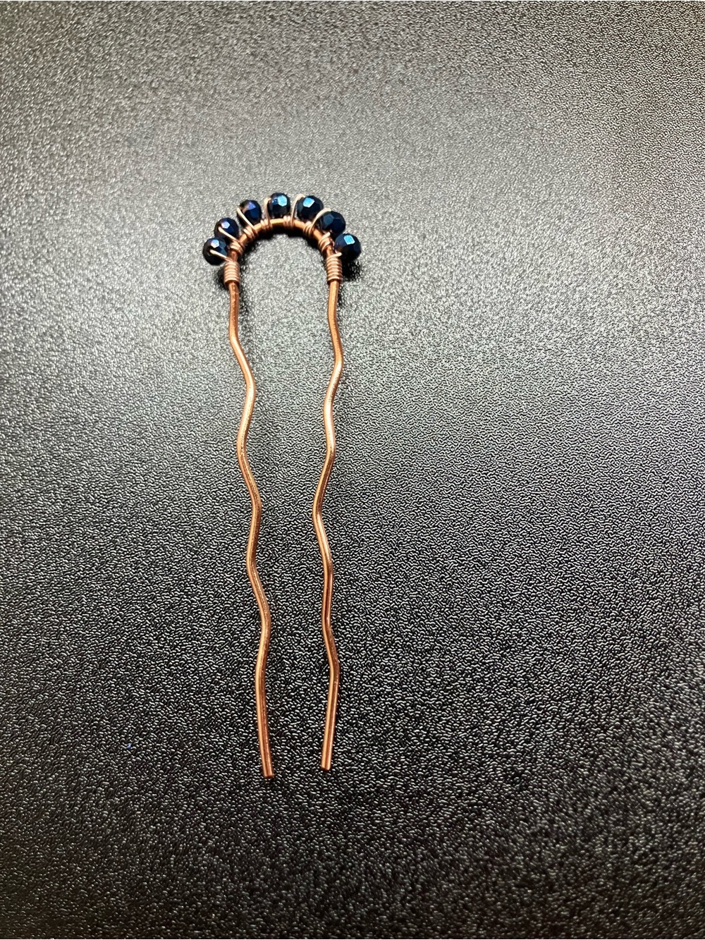 Handmade Copper Hair Pin/Fork with Dark Blue Crystal Beads